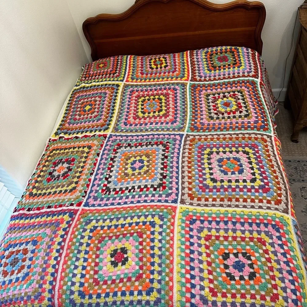 VTG Crochet Granny Square Blanket Handmade Afghan Boho Cottagecore Full Retro